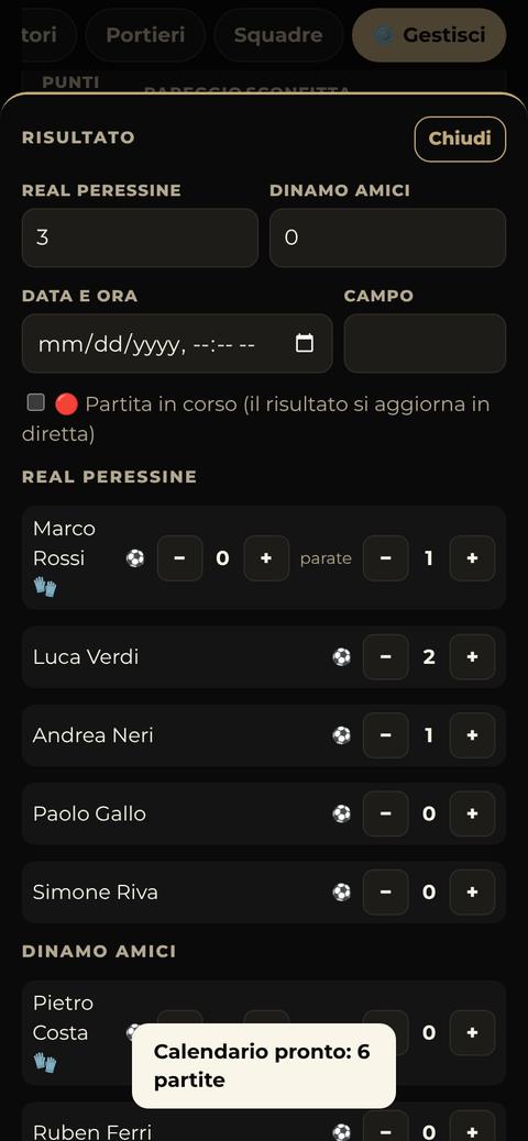 L'organizzatore inserisce risultato, marcatori e parate